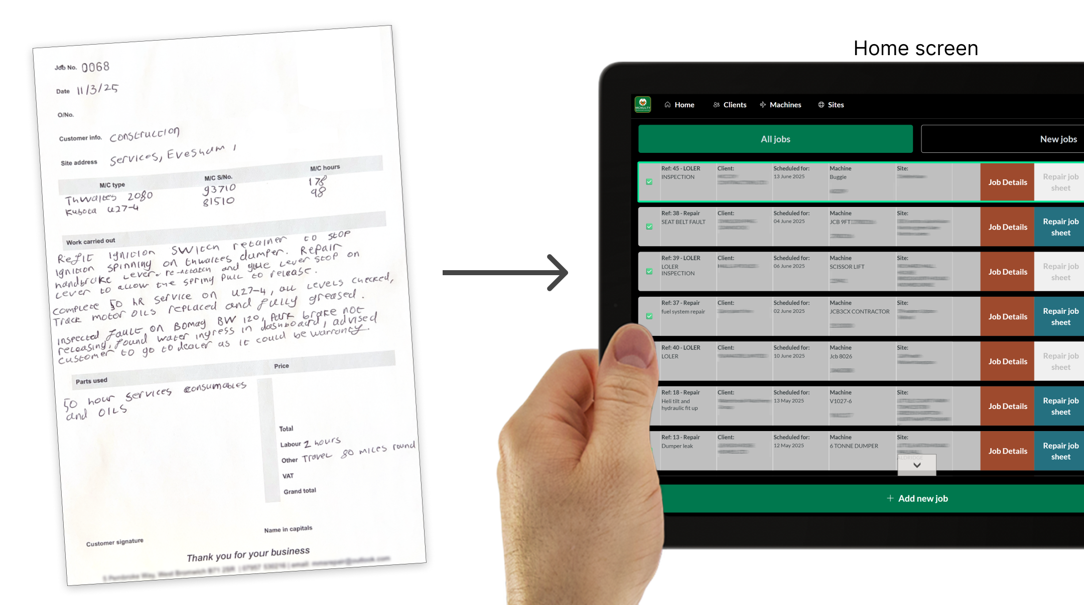 Field job sheets for plant service, repair, and LOLER records