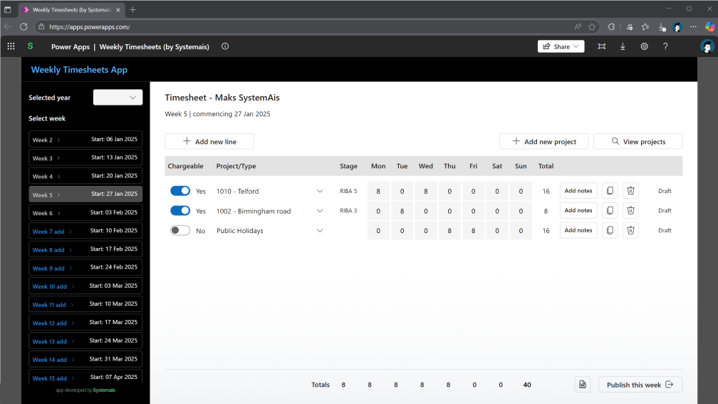 Weekly timesheets application with Power Apps