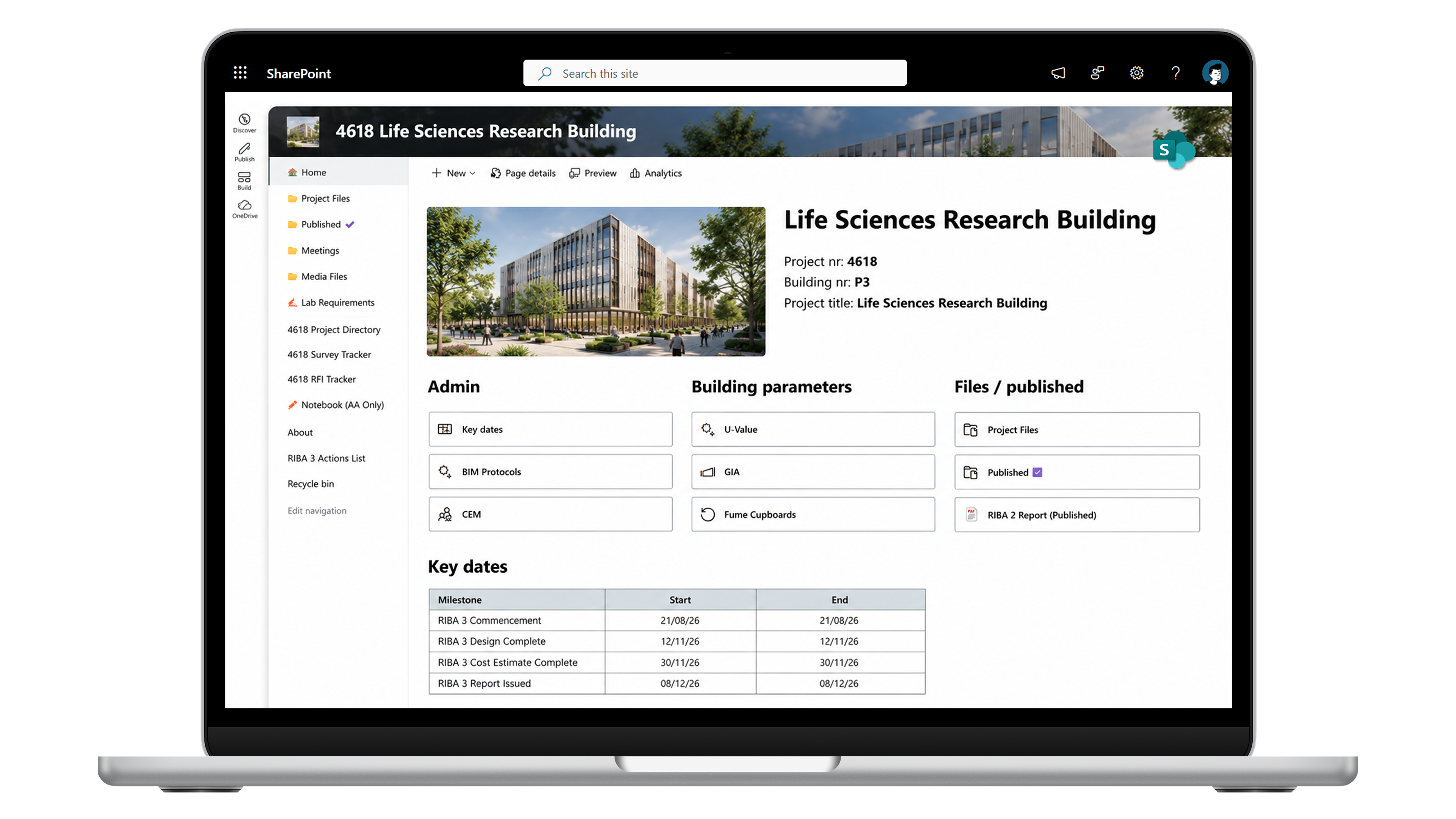 A project SharePoint site for a research building, with a landing page, document libraries, and a key dates list