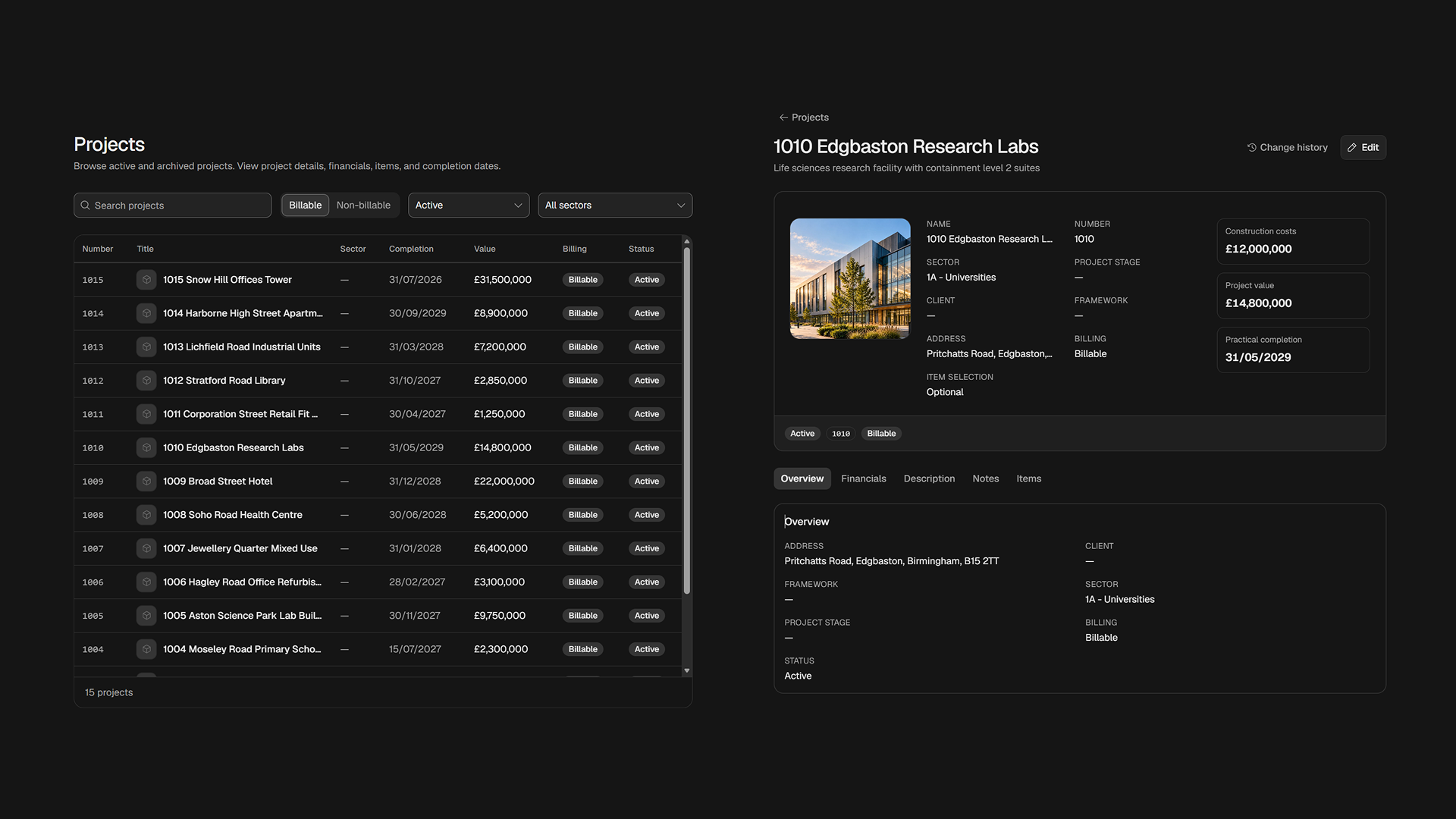 Projects list beside a project record, with name, sector, value, billing, and status