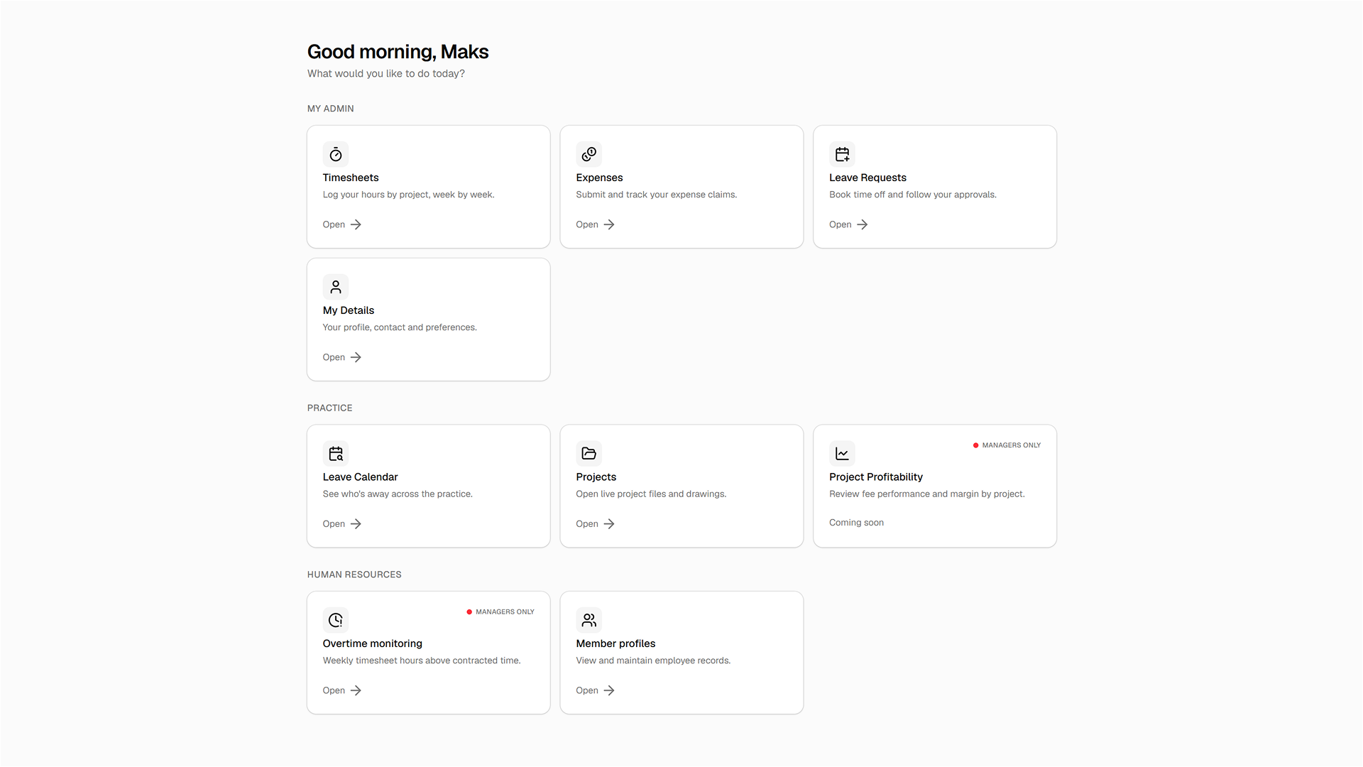 Practice Admin App home — timesheets, expenses, leave, projects, and HR