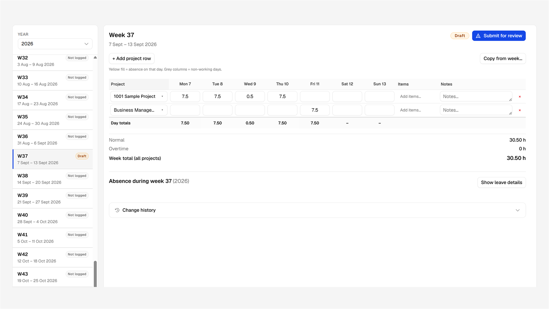 Weekly timesheet in Practice Admin App, with project rows, day totals, and overtime